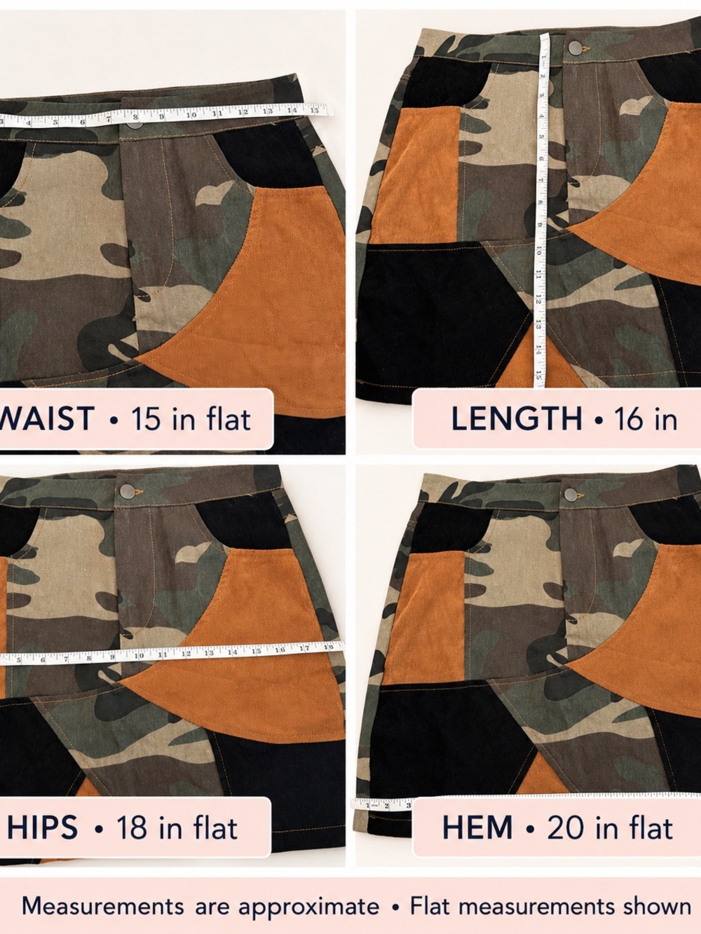 SHEIN Camouflage Patchwork Mini Skirt with Rust and Black Panels - Picture 5 of 5